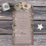 Boho Cream Rozen Sparkle Brown No Dinner All In One Uitnodiging<br><div class="desc">OOK BESCHIKBAAR MET EEN QR-CODE OM IN HET RSVP-GEBIED TE SCAN. Dit eenvoudige maar elegante ontwerp heeft crème en bruine rozen op een zachte witte blauwe bekleding met een bruine achtergrond. De volledige uitnodiging wordt benadrukt met witte enkels. De voorflap bevat de bruid en de eerste initialen van de bruidegom....</div>