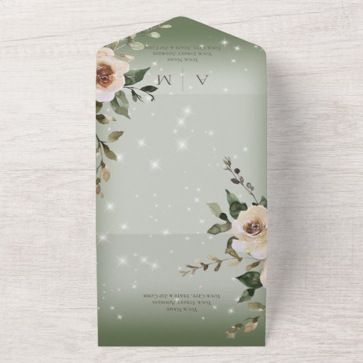 Boho Cream Rozen Sparkle Sage Green Dinner All In One Uitnodiging (Buitenkant)