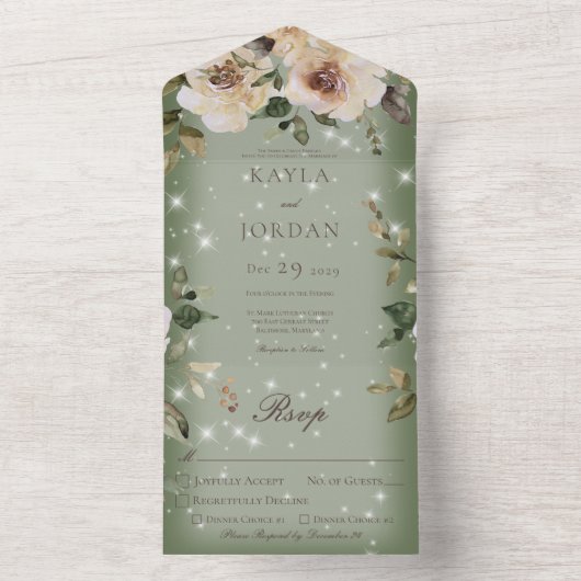 Boho Cream Rozen Sparkle Sage Green Dinner All In One Uitnodiging (Binnen)