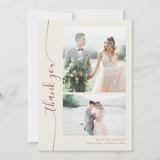 Boho Cream Script Meerdere foto bruiloft Bedankkaart (Voorkant)