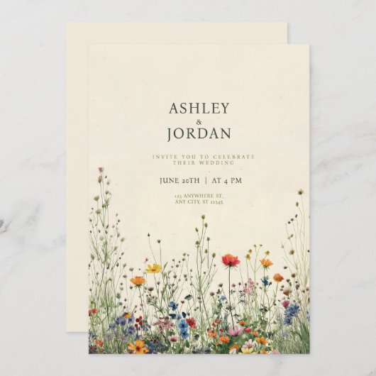 Boho Cream Wildflower bruiloft uitnodiging (Voorkant / Achterkant)