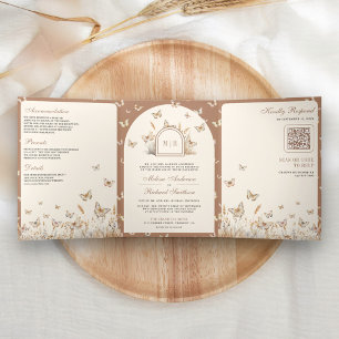 Boho Crème Beige Wilde Bloem Vlinder Boog Bruiloft Drieluik Uitnodiging