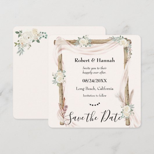 Boho Crème Bloemige Trouwboog Save the Date (Voorkant / Achterkant)
