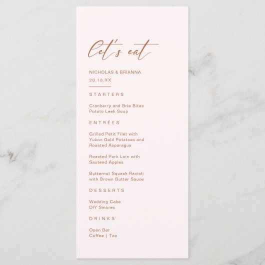 Boho crème en verbrande Sinaasappel bruiloft Menu (Voorkant)