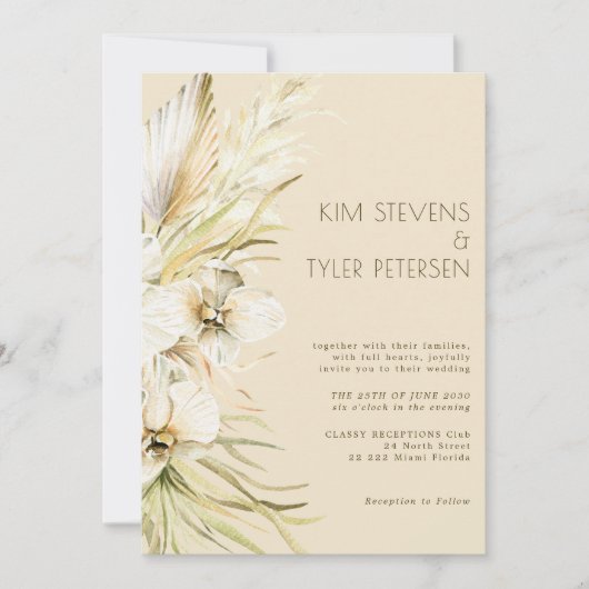 Boho crème florale botanische pampas gras bruiloft kaart (Voorkant)