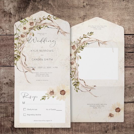 Boho crème madeliefjes & gedroogd gras geen diner all in one uitnodiging