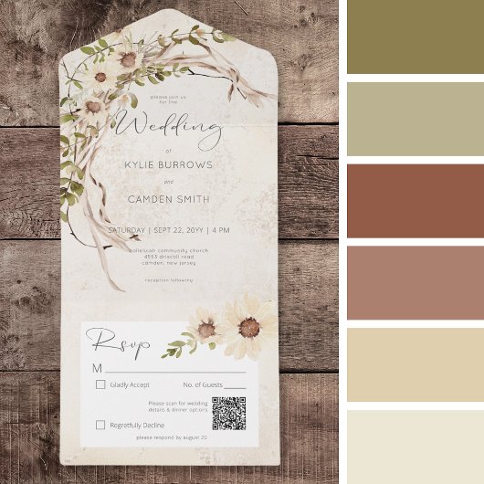 Boho crème madeliefjes & gedroogd gras QR-code All In One Uitnodiging