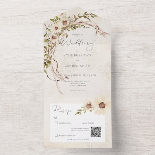 Boho crème madeliefjes & gedroogd gras QR-code All In One Uitnodiging (Binnen)