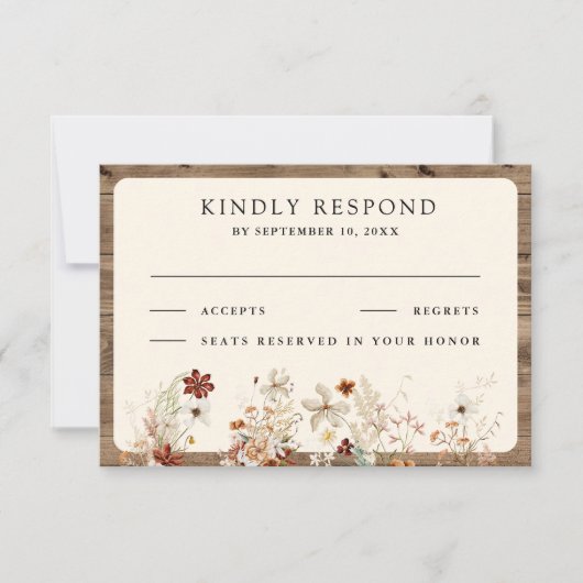 Boho Crème Wilde Bloem Houten Bruiloft RSVP Kaartje (Voorkant)