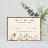 Boho Crème Wilde Bloem Houten Bruiloft RSVP Kaartje (Staand voorkant)