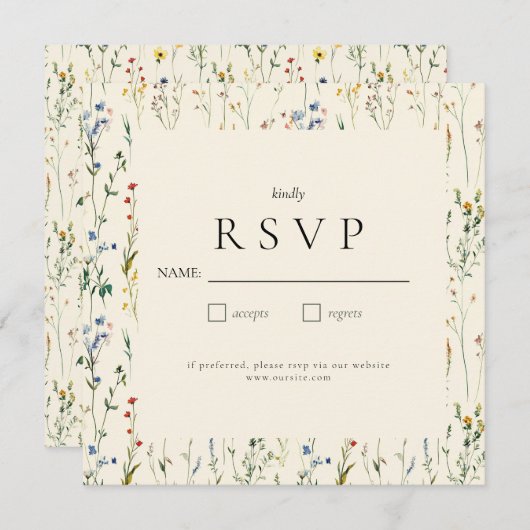 Boho Crème Wilde Bloem RSVP Kaart (Voorkant / Achterkant)