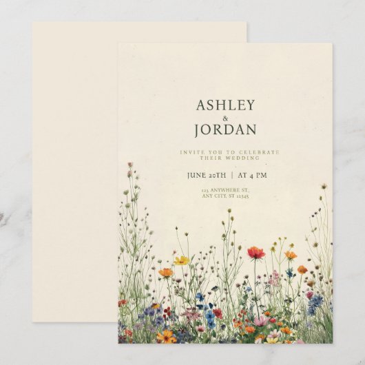Boho Crème Wildebloemen Trouwuitnodiging Kaart (Voorkant / Achterkant)