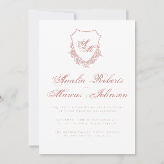 Boho Crest Blush Pink Wedding Invitation Fine Art Kaart (Voorkant)