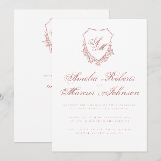 Boho Crest Blush Pink Wedding Invitation Fine Art Kaart (Voorkant / Achterkant)
