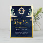 Boho Cross Pampas Eucalyptus Baptism Navy Gold Folie Uitnodiging (Staand Voorkant)