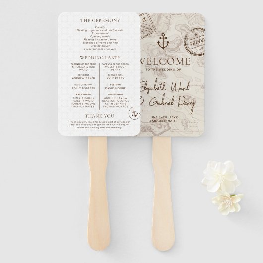 Boho Cruise bestemming bruiloft programma Handwaaier (Voorkant en achterkant)