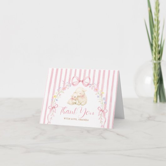 Boho Cute A little lamb Pink Bow Gingham Bedankkaart (Voorkant)