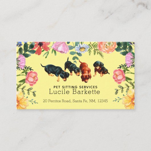 Boho Cute Dachshund Pet Sitting Wildflowers Yellow Visitekaartje (Voorkant)