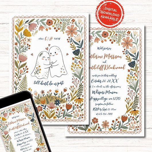 Boho Cute Ghosts Wedding Invitation Kaart
