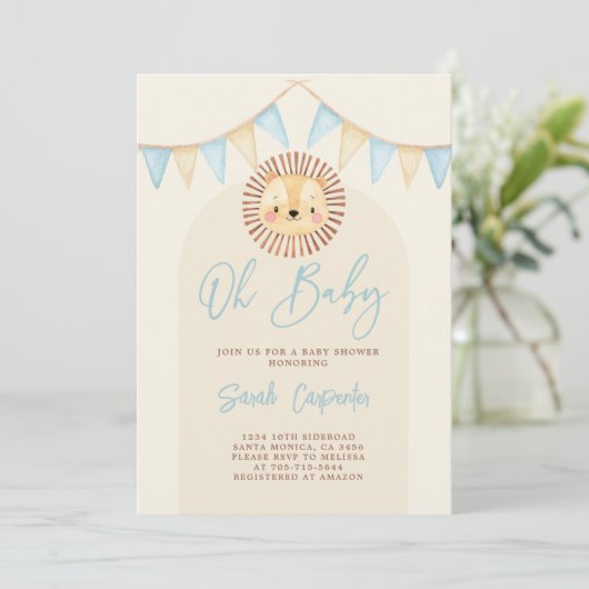 Boho Cute Lion Baby shower Boy Uitnodiging (Staand voorkant)