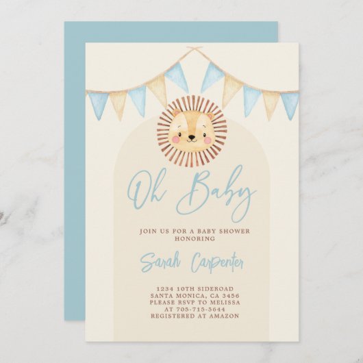 Boho Cute Lion Baby shower Boy Uitnodiging (Voorkant / Achterkant)
