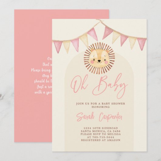 Boho Cute Lion Baby shower Girl Invitation Kaart (Voorkant / Achterkant)