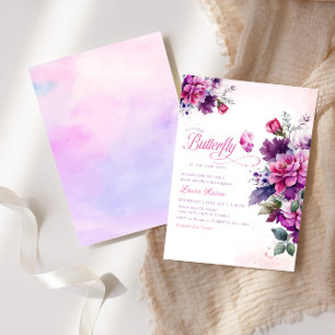 Boho Cute Paarse Floral Butterfly Girl Baby shower Kaart
