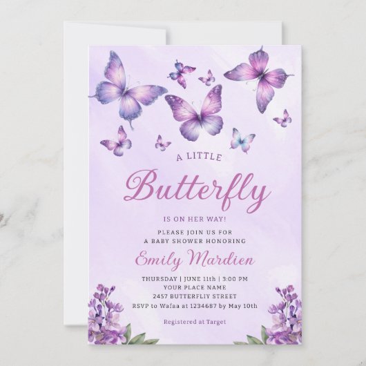 Boho Cute Paarse Floral Butterfly Girl Baby shower Kaart (Voorkant)