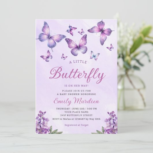 Boho Cute Paarse Floral Butterfly Girl Baby shower Kaart (Staand voorkant)