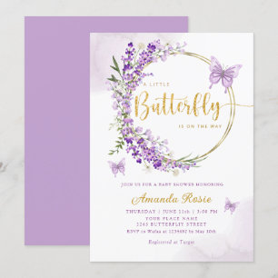 Boho Cute Paarse Floral Butterfly Girl Baby shower Kaart