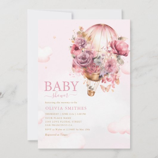 Boho Cute Pink Floral Balloon Girl Baby shower Kaart (Voorkant)