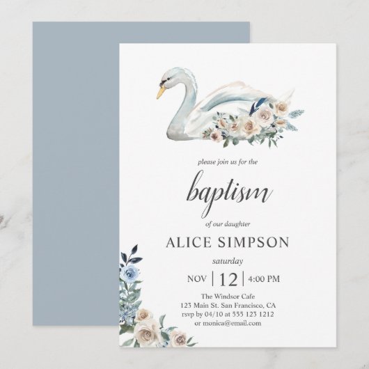 Boho Cute Swan Dusty Blue Beige Flowers Baptisme Kaart (Voorkant / Achterkant)