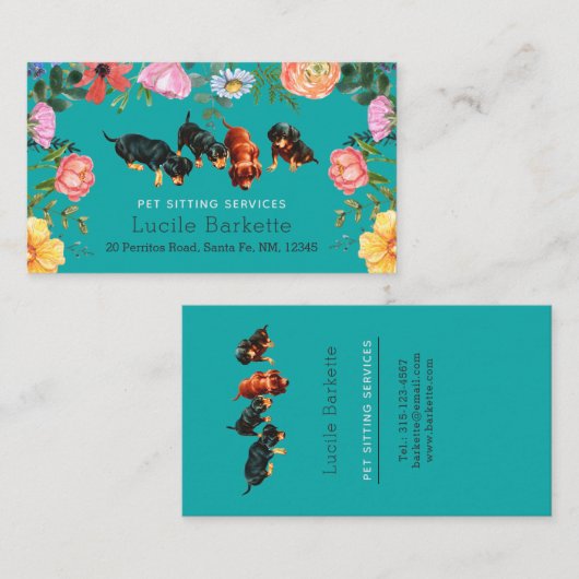 Boho Dachshund Huisdier Zittende Wildbloemen Blauw Visitekaartje (Voorkant / Achterkant)