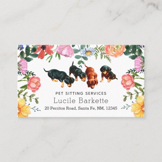 Boho Dachshunds Pet Sitting Wilde Bloemen Wit Visitekaartje (Voorkant)