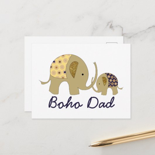 Boho Dad, Gold Elephant Briefkaart (Voorkant / Achterkant in situ)