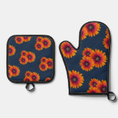Boho Daisies Elegante Botanische Marine Blauw Ovenwant & Pannenlap Set (Voorkant)