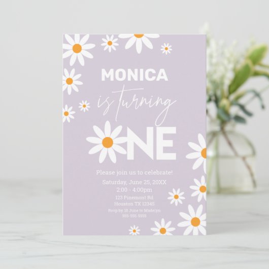 Boho Daisies One Birthday Party lilac invitation Kaart (Staand voorkant)
