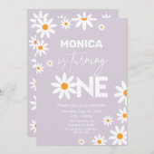 Boho Daisies One Birthday Party lilac invitation Kaart (Voorkant / Achterkant)
