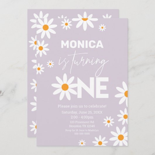 Boho Daisies One Birthday Party lilac invitation Kaart (Voorkant / Achterkant)