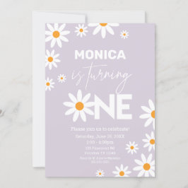 Boho Daisies One Birthday Party lilac invitation Kaart