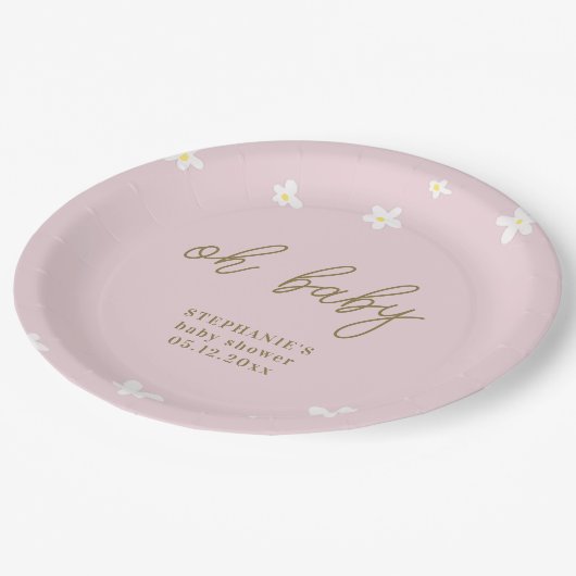 Boho Daisies Roze Goud Oh Baby Meisje Douche Papieren Bordje (Gekanteld)