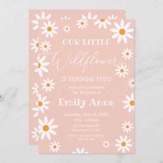 Boho Daisies Wildflower Birthday party invitation Kaart (Voorkant / Achterkant)