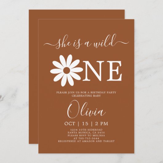 Boho Daisy 1e verjaardag Uitnodiging (Voorkant / Achterkant)