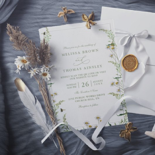 Boho Daisy Beidge Wilde Bloem QR Code Bruiloft Kaart