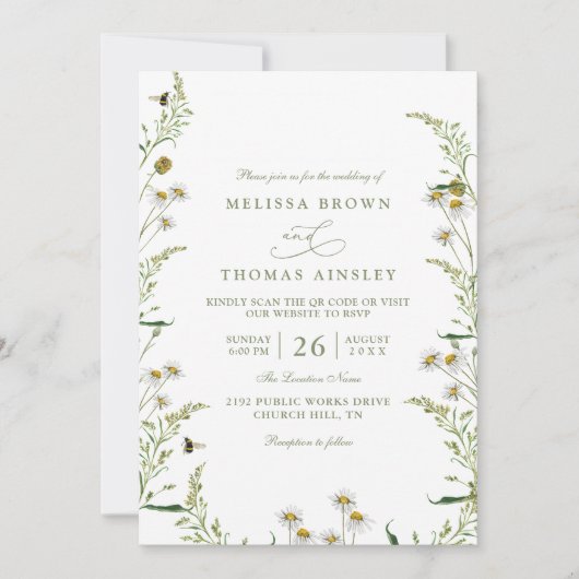 Boho Daisy Beidge Wilde Bloem QR Code Bruiloft Kaart (Voorkant)