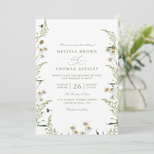Boho Daisy Beidge Wilde Bloem QR Code Bruiloft Kaart (Staand voorkant)