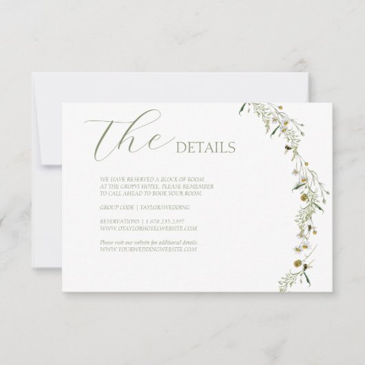 Boho Daisy Beidge Wildflower huwelijksdetails RSVP Kaartje (Voorkant)