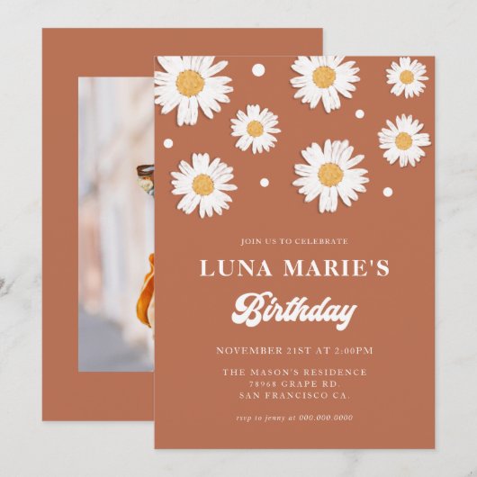 Boho Daisy Birthday Foto-uitnodigingen Kaart (Voorkant / Achterkant)