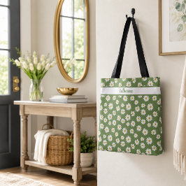 Boho Daisy Bloemmotief Groene Naam Tote Bag