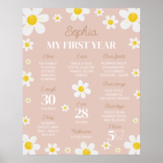 Boho Daisy Bloom 1st Birthday Milestone Sign Poster (Voorkant)
